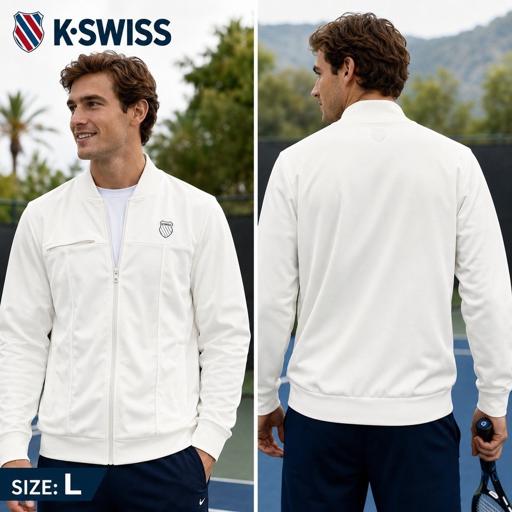 K-Swiss Mens Track Jacket‎ Off White Full Zip Athletic Tennis Bomber Coat Large